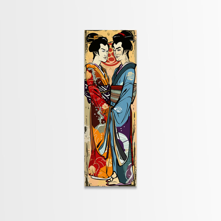 Japanese Couple in Traditional Kimono, Tall Skinny Framed Canvas Print for Wall Art