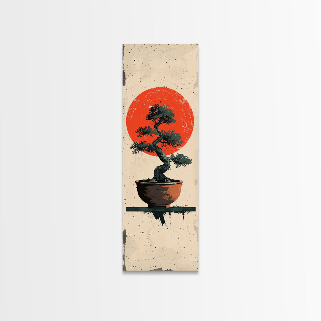 Canvas Print Bonsai Tree Silhouette Against Red Sun, Minimalistic Japanese Style Art For Modern Home, Wall Decoration
