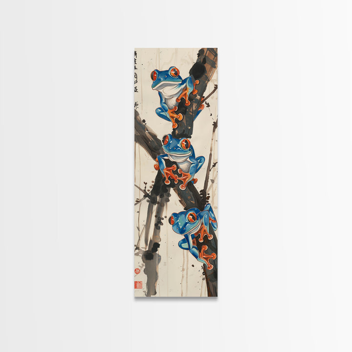 Three Blue Tree Frogs Branches Japanese Tall Wall Art Skinny Framed Canvas Print Ukiyo-e Style