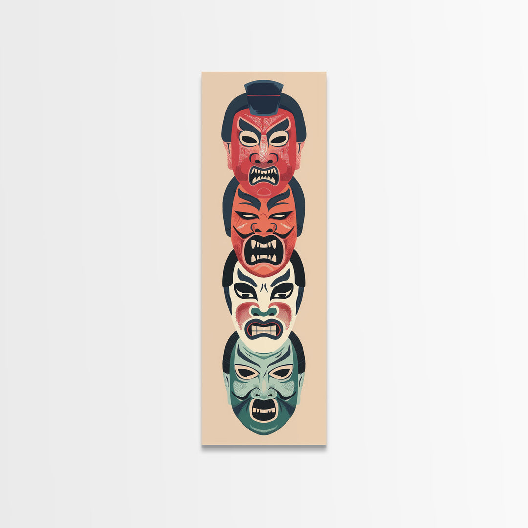 Bold Striking Japanese Kabuki Masks Vibrant Colors Depicted Traditional Style Tall Framed Canvas Print Cultural Home Decor