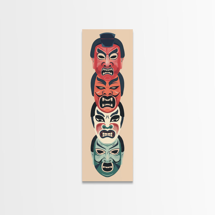 Bold Striking Japanese Kabuki Masks Vibrant Colors Depicted Traditional Style Tall Framed Canvas Print Cultural Home Decor