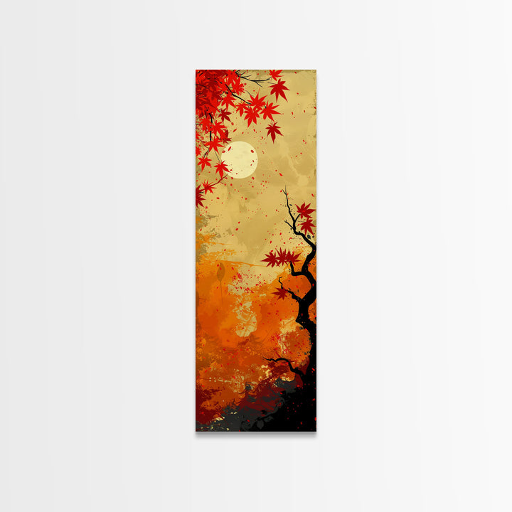 Dramatic Red Autumn Leaves Against Golden Sky Depicted Japanese Style Tall Framed Canvas Print Seasonal Wall Art