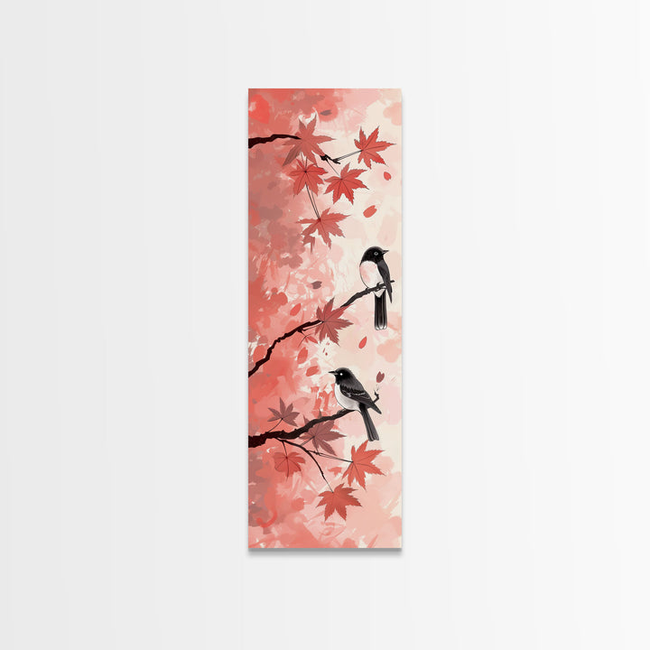 Red and Black Maple Leaves with Birds Perched on Branches Japanese Framed Canvas Print Ukiyo-e Art Skinny Tall Art