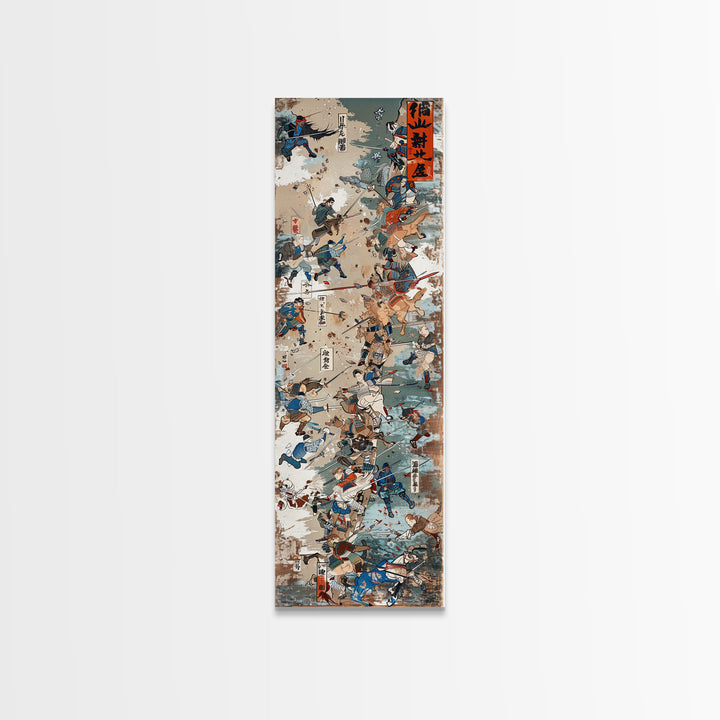 Battle Scene Featuring Warriors in Traditional Japanese Armor Ukiyo-e Art Framed Canvas Print Skinny Tall Art