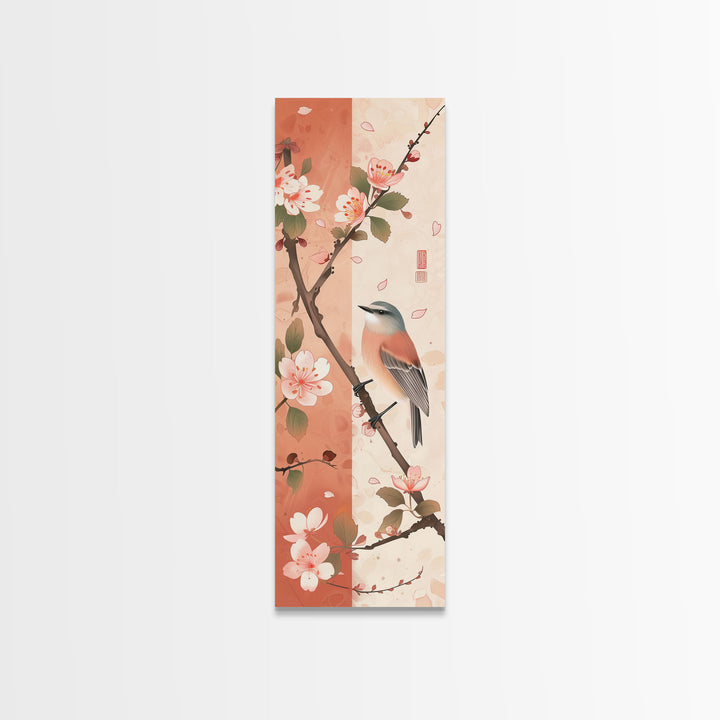 Japanese Bird Art Skinny Wall Art Framed Canvas Print Perched Bird on Branch with Cherry Blossoms and Petals in Soft Pastel Colors