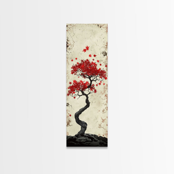 Red Maple Bonsai Tree Japanese Art Skinny Wall Art Framed Canvas Print with Windswept Branches and Red Leaves