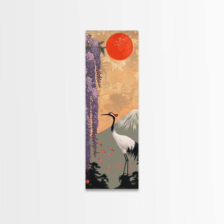 Japanese Crane Skinny Wall Art Framed Canvas Print in a Garden with Wisteria Flowers and Mount Fuji in the Background