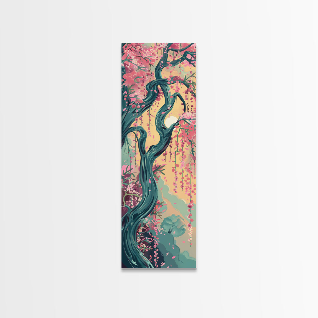 Japanese Garden Tree Skinny Wall Art Framed Canvas Print with Twisting Branches and Pink Blossoms in Warm Sunset Colors