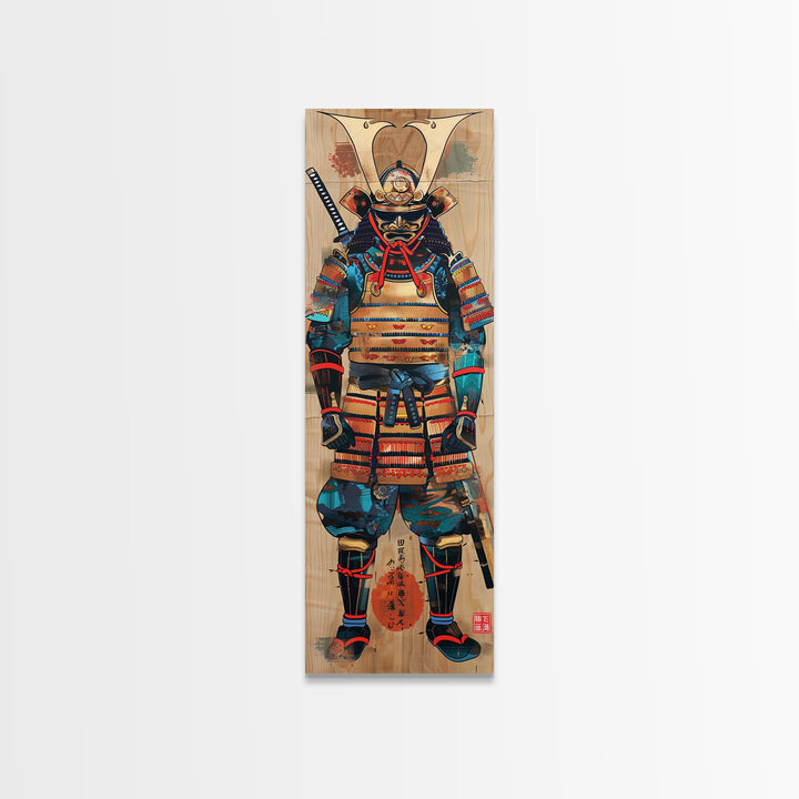 Skinny Art, Tall Art, Samurai Armor Wood Block Print Framed Canvas Print Japanese Style Art Ukiyo-e Art