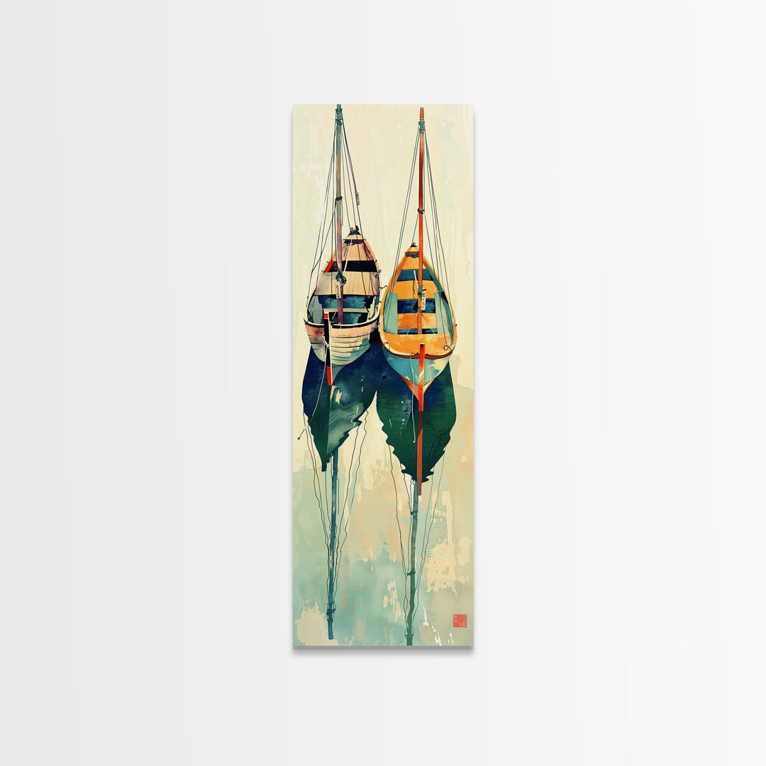 Reflective Calm Sailboats In The Harbor – Framed Canvas Print Featuring Skinny Art With Ukiyo-E Art And Japanese Style Art Tall Art Display