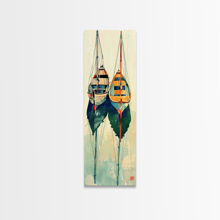 Reflective Calm Sailboats In The Harbor – Framed Canvas Print Featuring Skinny Art With Ukiyo-E Art And Japanese Style Art Tall Art Display