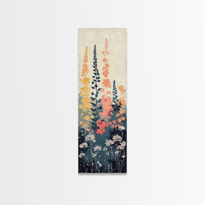 Framed Canvas Print Of Elegant Wildflowers Set Against A Soft Background, Skinny Art, Tall Art, Japanese Style Art, Ukiyo-e Art, Wood Block Print