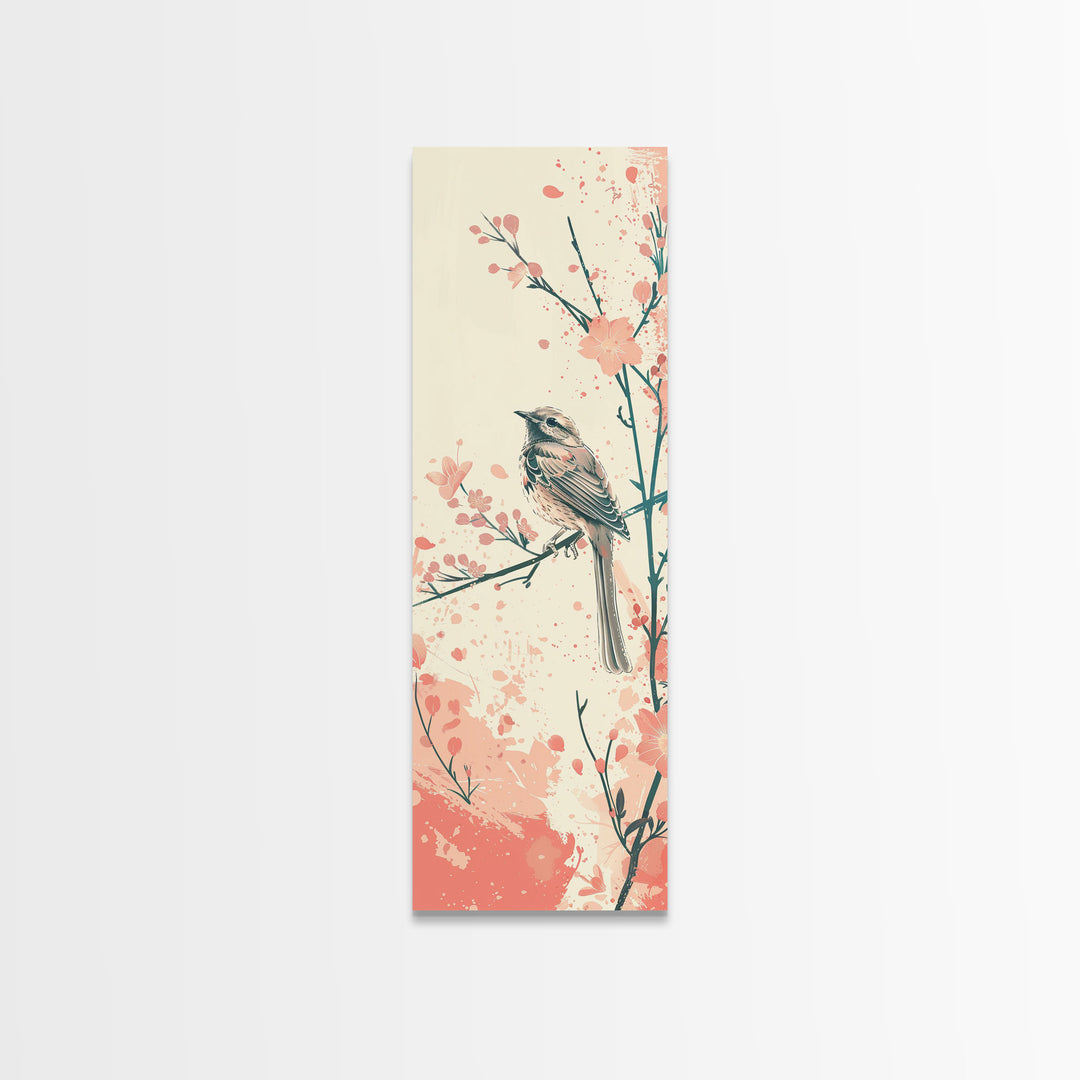 Perched Bird Among Blossoming Cherry Branches – Framed Canvas Print With Skinny Art And Tall Art Inspired By Ukiyo-E Art And Japanese Style Art