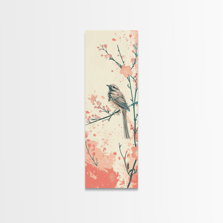 Perched Bird Among Blossoming Cherry Branches – Framed Canvas Print With Skinny Art And Tall Art Inspired By Ukiyo-E Art And Japanese Style Art