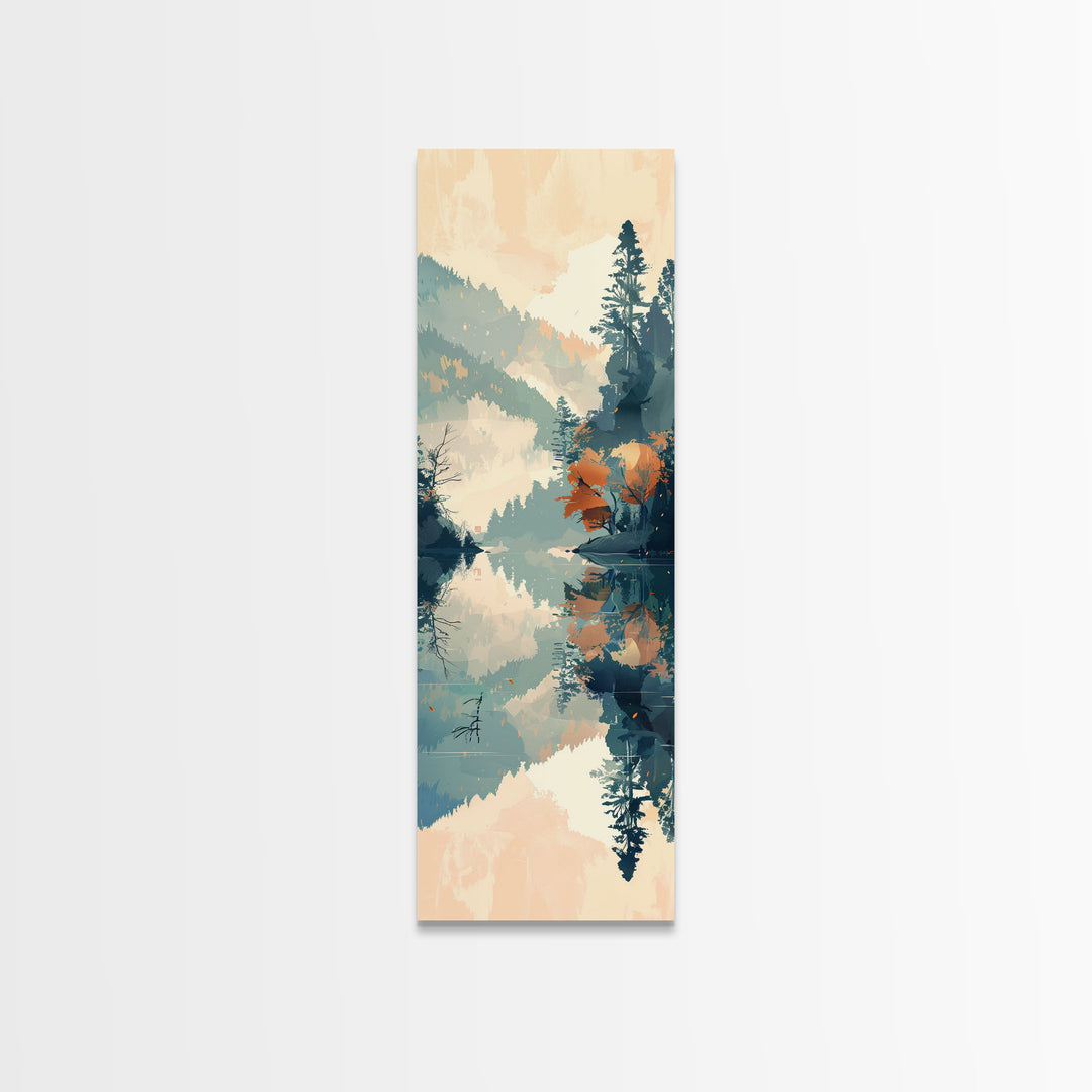 Ukiyo-e Art Depicting A Peaceful Lake Surrounded By Misty Mountains And Autumn Trees, Skinny Art, Tall Art, Framed Canvas Print, Japanese Style Art, Wood Block Print