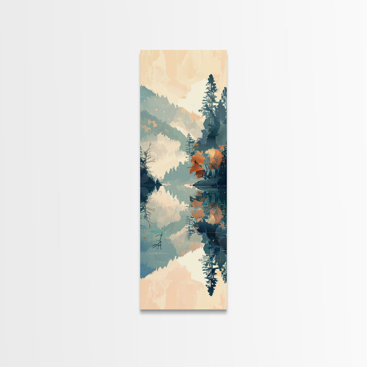 Ukiyo-e Art Depicting A Peaceful Lake Surrounded By Misty Mountains And Autumn Trees, Skinny Art, Tall Art, Framed Canvas Print, Japanese Style Art, Wood Block Print