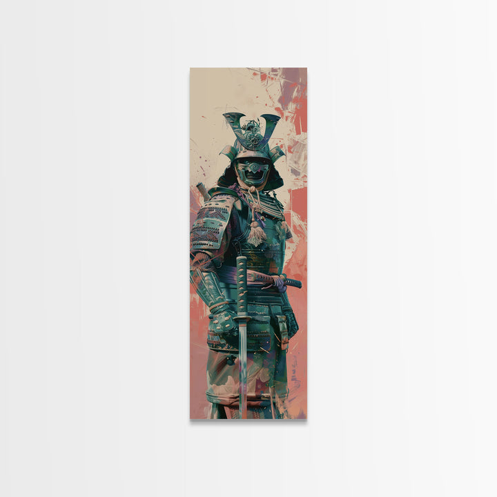 Skinny Art Tall Art Samurai Armor Wood Block Print Japanese Style Art Featuring Fierce Warrior In Full Battle Gear Framed Canvas Print