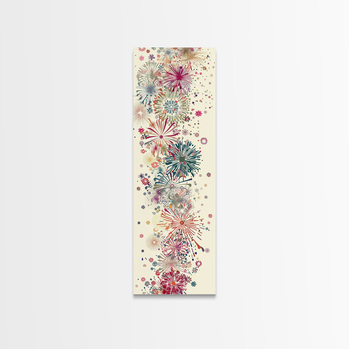 Skinny Art Tall Art Floral Burst Wood Block Print Japanese Style Art Vivid Explosions Of Colors Framed Canvas Print