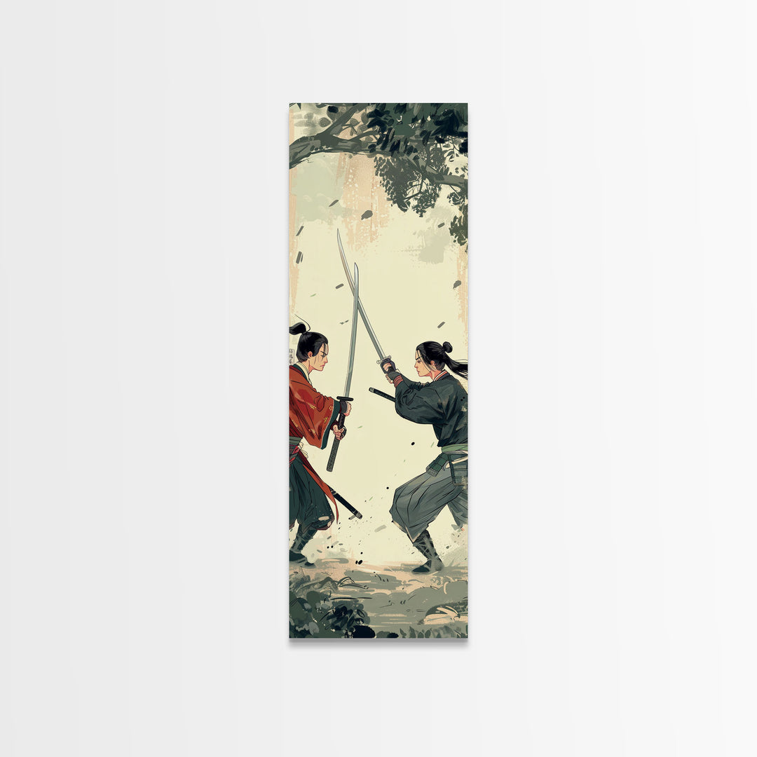 Skinny Art Tall Art Samurai Duel Wood Block Print Japanese Style Art Intense Battle Between Two Warriors Framed Canvas Print