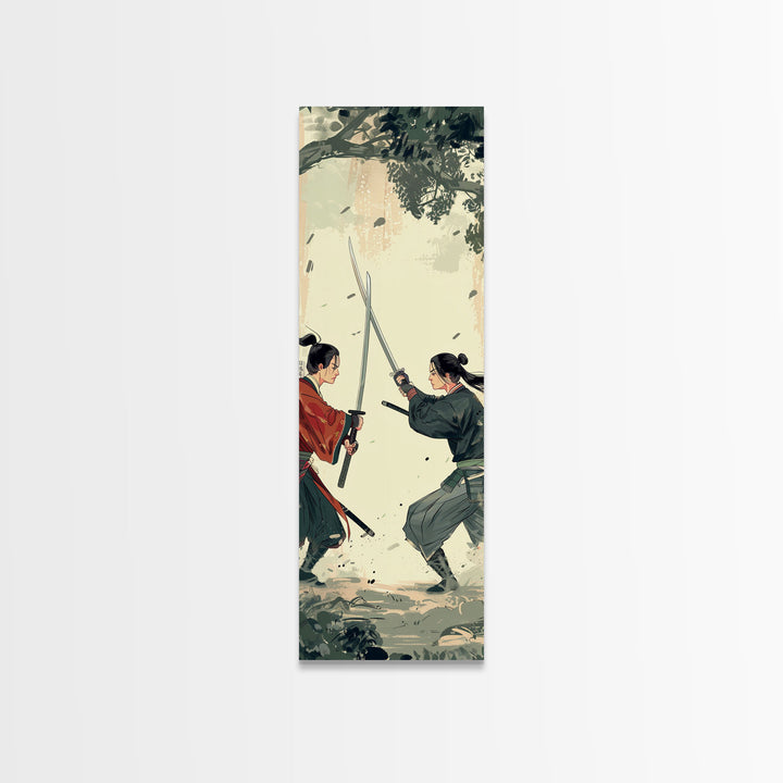 Skinny Art Tall Art Samurai Duel Wood Block Print Japanese Style Art Intense Battle Between Two Warriors Framed Canvas Print