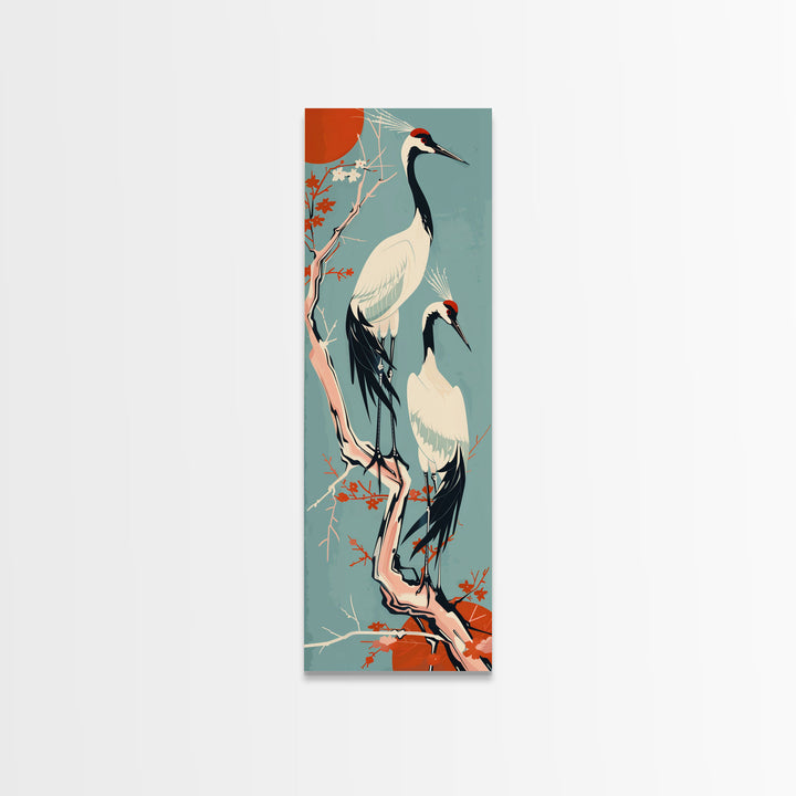Pair Of Cranes Perched On Branch Against Orange Sun Background Skinny Art Wood Block Print Framed Canvas Print