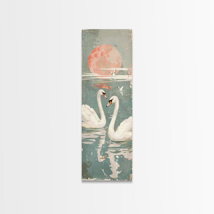 Graceful Swans With Peaceful Lake And Reflecting Sun Ukiyo-e Wood Block Skinny Tall Japanese Style Art Framed Canvas Print