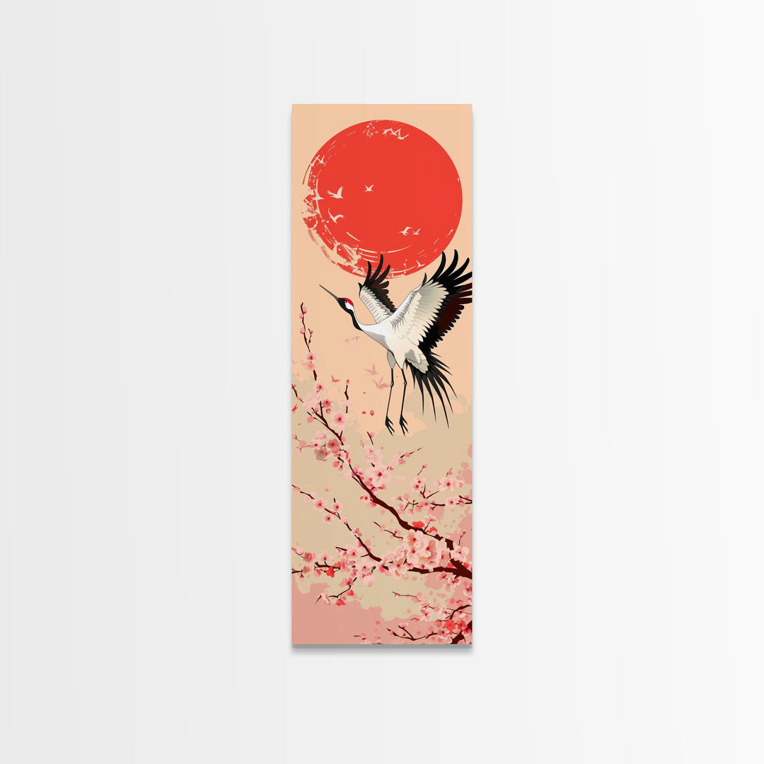 Elegant Crane Bird In Mid-flight Against Bold Red Sun Ukiyo-e Tall Skinny Wood Block Framed Canvas Print Japanese Style Art