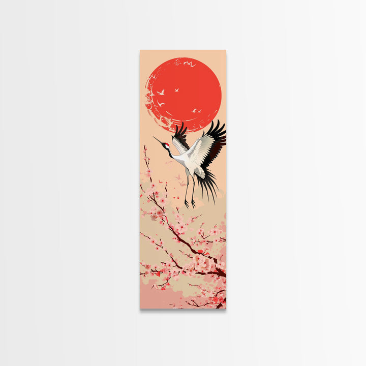 Elegant Crane Bird In Mid-flight Against Bold Red Sun Ukiyo-e Tall Skinny Wood Block Framed Canvas Print Japanese Style Art