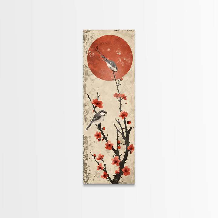 Delicate Birds Perched On Blooming Branch With Red Sun For Traditional Japanese Wall Art Decor Ukiyo-e Style Framed Canvas Print