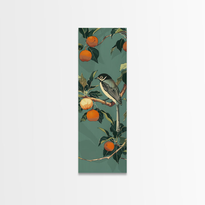 Elegant Bird Among Persimmons On A Green Canvas, Skinny Wall Art With Framed Canvas Print In Japanese Style Art For Feng Shui Decor