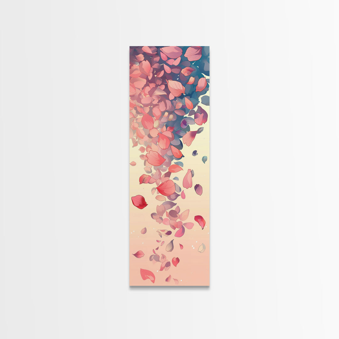 Cascading Pink Petals In Delicate Canvas, Tall Skinny Framed Wall Art For Feng Shui-Inspired Spaces, Japanese Style Art