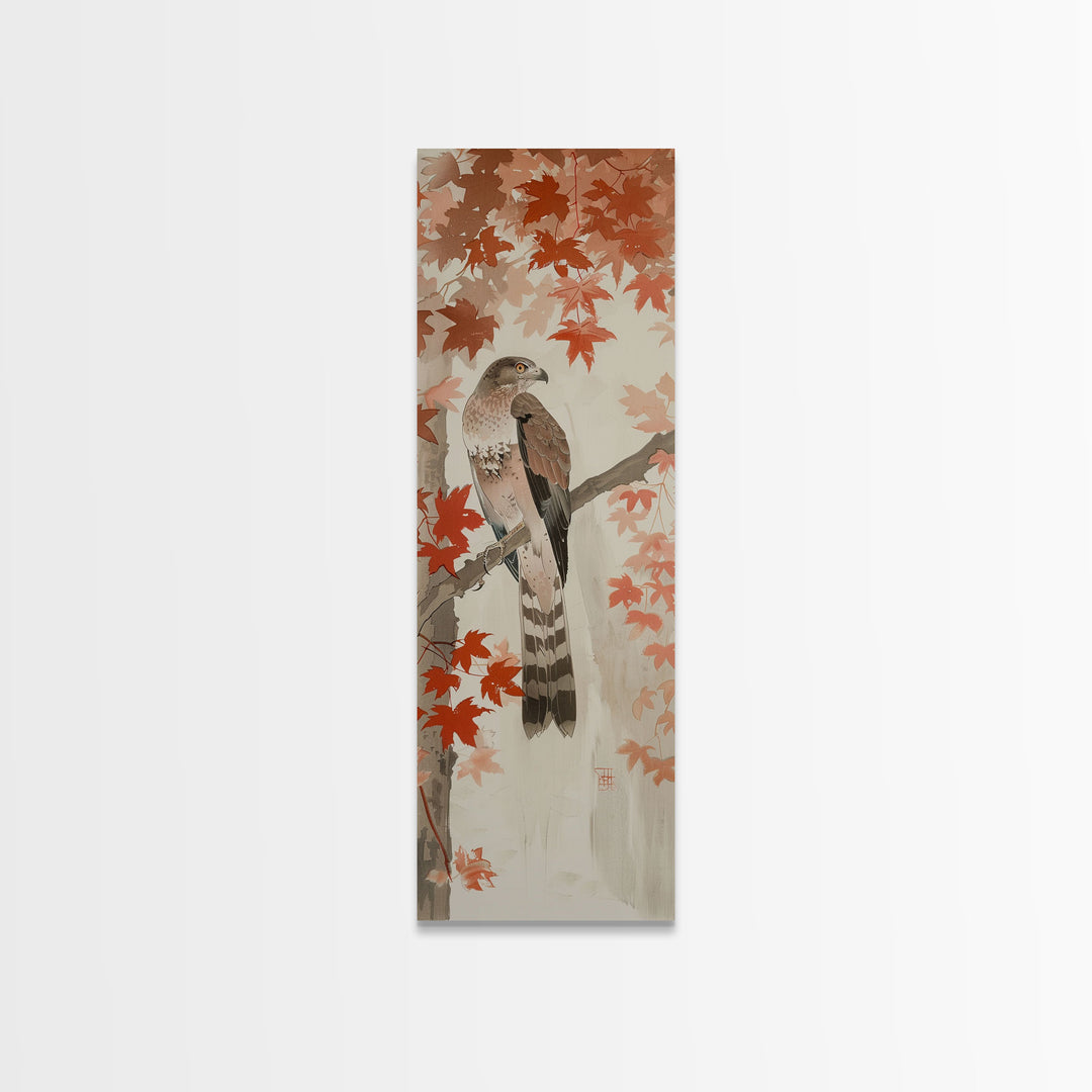 Majestic Hawk Perched Among Autumn Leaves, Framed Canvas Print In Skinny Tall Style, Japanese Style Art For Feng Shui Wall Art