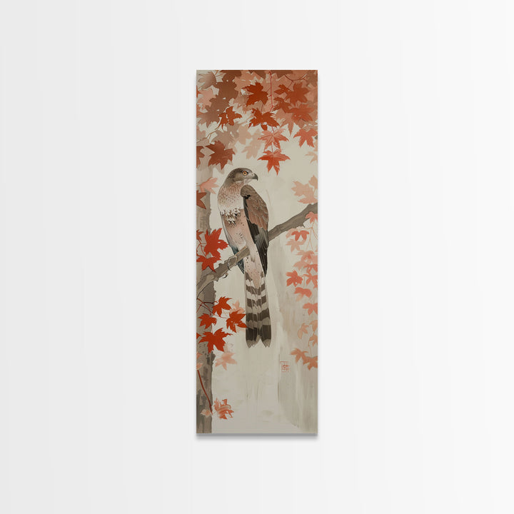 Majestic Hawk Perched Among Autumn Leaves, Framed Canvas Print In Skinny Tall Style, Japanese Style Art For Feng Shui Wall Art