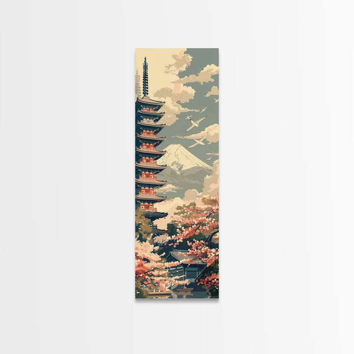 Japanese Pagoda With Mt Fuji And Cherry Blossoms – Framed Canvas Print Featuring Skinny Art Tall Art, Highlighting Ukiyo-E Art And Japanese Style Art