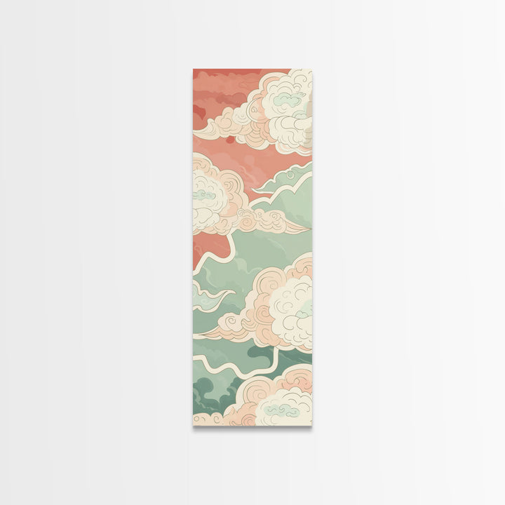 Traditional Japanese Cloud Design In Pastel Colors, Ukiyo-e Style Canvas, Framed Canvas Print, Tall Skinny Japanese Wall Art, Ready To Hang