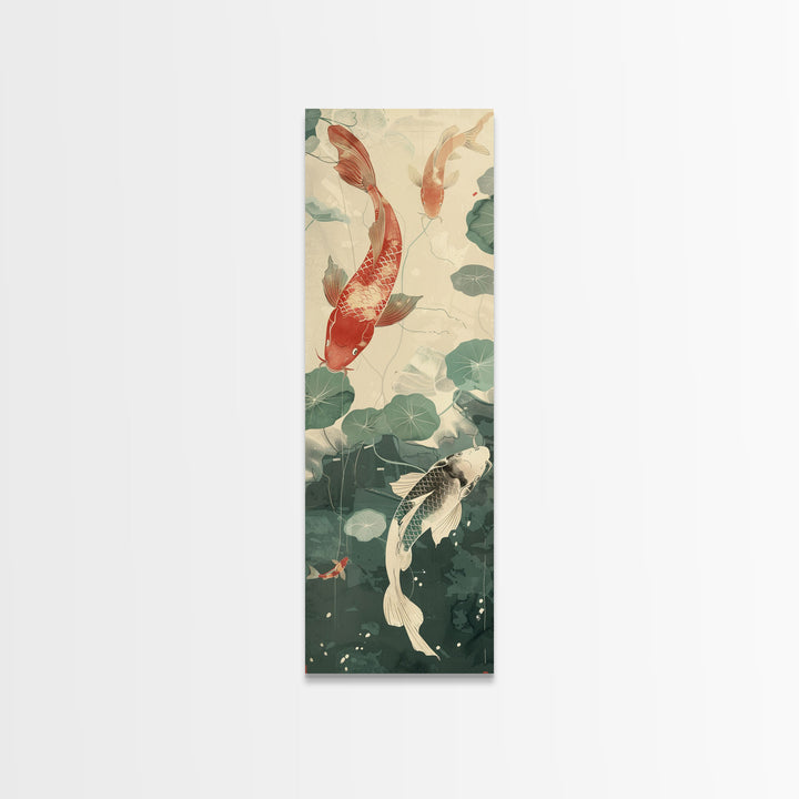 Koi Fish Swimming Among Lilypads In A Calm Pond – Framed Canvas Print Showcasing Skinny Art And Tall Art With Ukiyo-E Art And Japanese Style Art