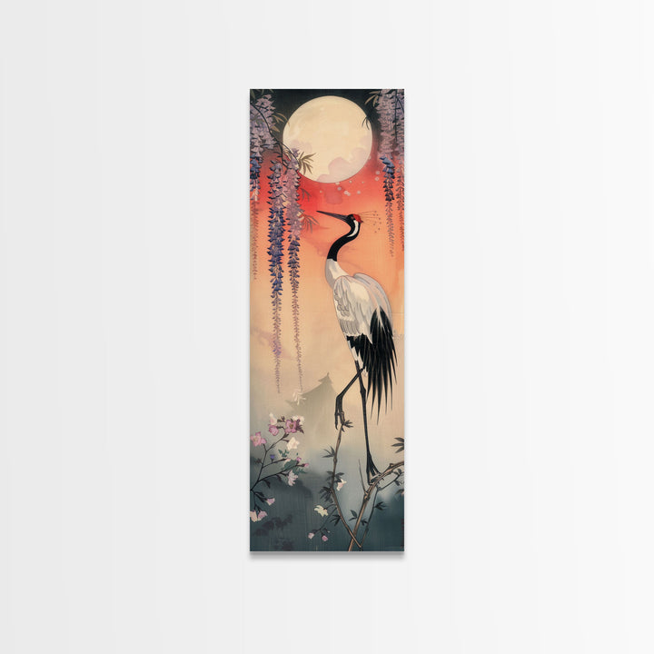 Japanese Crane With Moon And Wisteria - Skinny Art Tall Art Framed Canvas Print Japanese Style Art Ukiyo-e Art