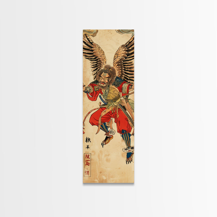 Samurai Warrior With Eagle Wings - Skinny Art Tall Art Framed Canvas Print Japanese Style Art Ukiyo-e Art