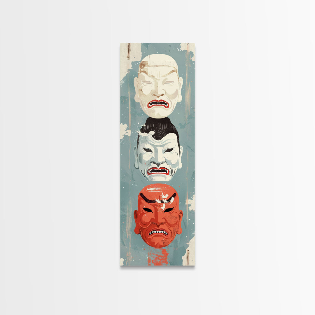 Japanese Masks In A Vertical Display - Skinny Art Tall Art Framed Canvas Print Japanese Style Art Ukiyo-e Art