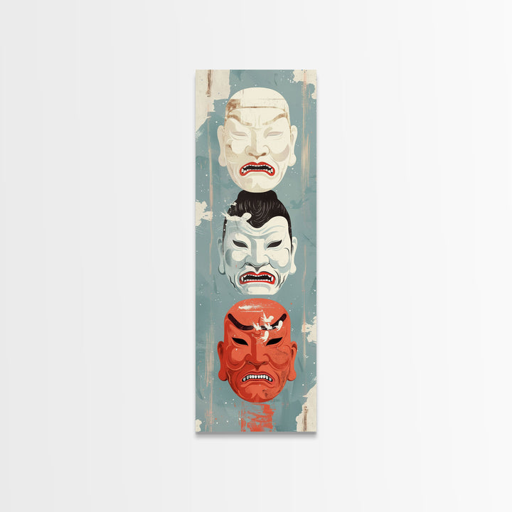 Japanese Masks In A Vertical Display - Skinny Art Tall Art Framed Canvas Print Japanese Style Art Ukiyo-e Art