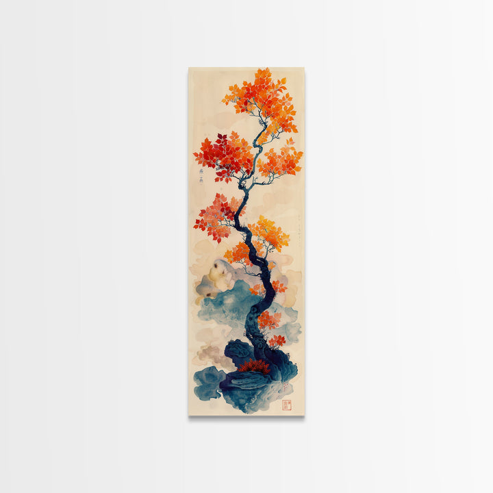 Japanese Maple Tree In Autumn Colors, Ukiyo-e Woodblock Print Style Canvas, Framed Canvas Print, Tall Skinny Japanese Wall Art, Ready To Hang