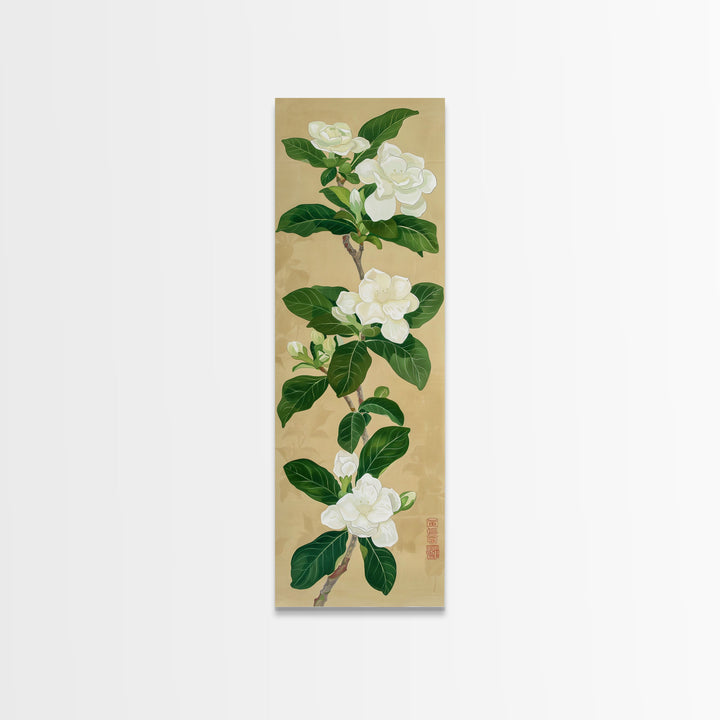 Magnolia Flowers On A Branch - Skinny Art Tall Art Framed Canvas Print Japanese Style Art Ukiyo-e Art