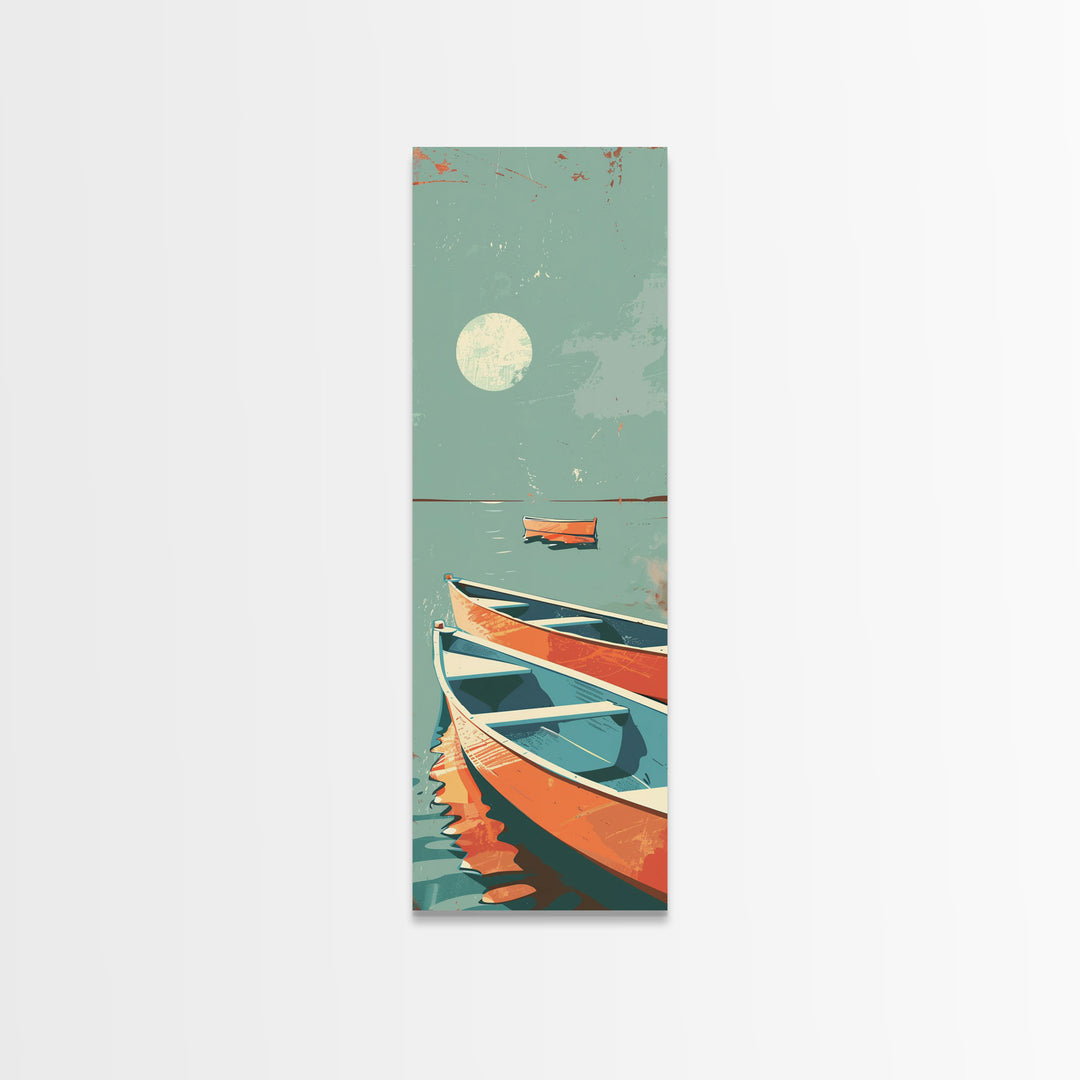 Moonlit Boats Drifting On Calm Waters In Japanese Style Ukiyo-e Art Framed Canvas Print Skinny Art Tall Art
