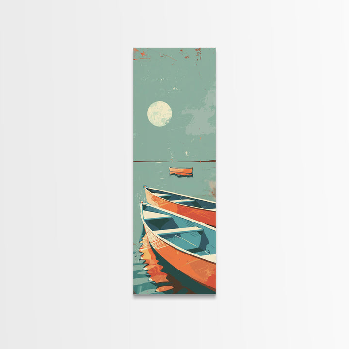 Moonlit Boats Drifting On Calm Waters In Japanese Style Ukiyo-e Art Framed Canvas Print Skinny Art Tall Art