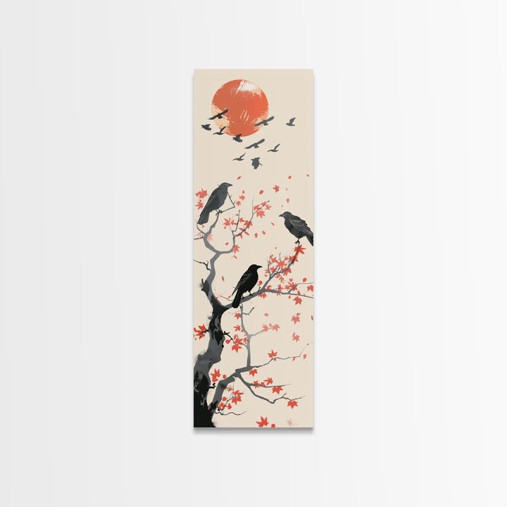 Crows On Bare Tree Branches Against Red Sun Skinny Art Wood Block Print Japanese Style Art Framed Canvas Print Tall Art Ukiyo-e Art