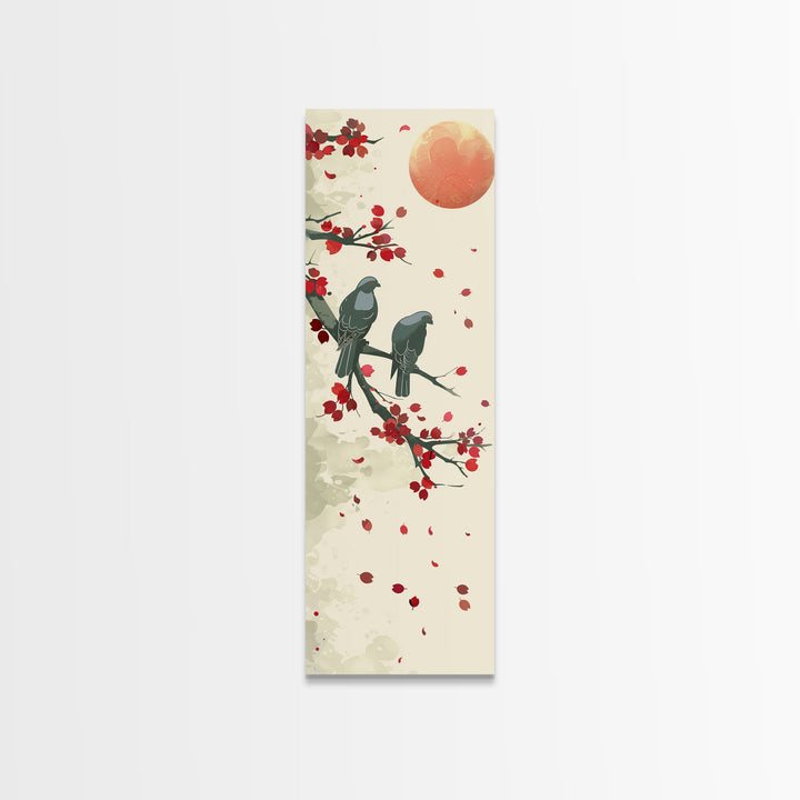 Two Pigeons On Branch With Red Leaves Skinny Art Wood Block Print Japanese Style Art Framed Canvas Print Tall Art Ukiyo-e Art