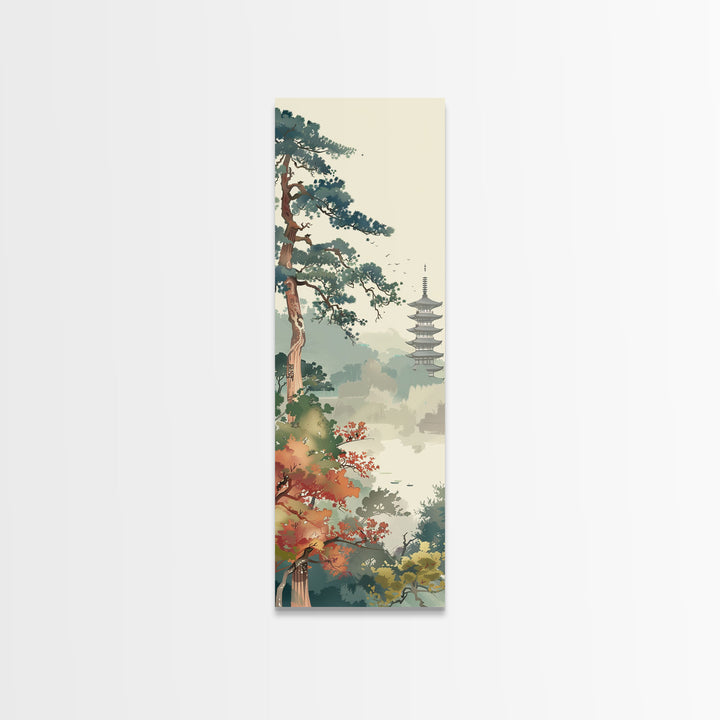 Pagoda And Pine Tree In Misty Landscape Skinny Art Wood Block Print Japanese Style Art Framed Canvas Print Tall Art Ukiyo-e Art