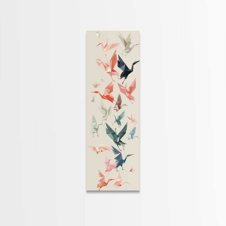 Origami Crane Birds Skinny Art Tall Art Japanese Ukiyo-e Inspired Framed Canvas Print Perfect for Modern Minimalist Spaces