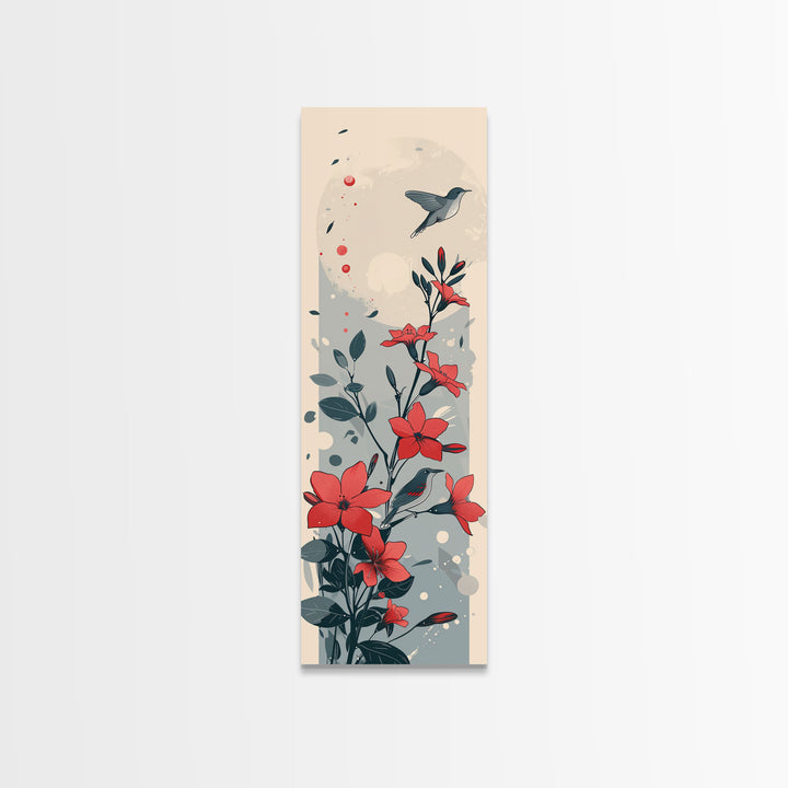 Hummingbird and Red Flowers Skinny Art Tall Art Japanese Ukiyo-e Inspired Nature Framed Canvas Print for Vibrant Interiors