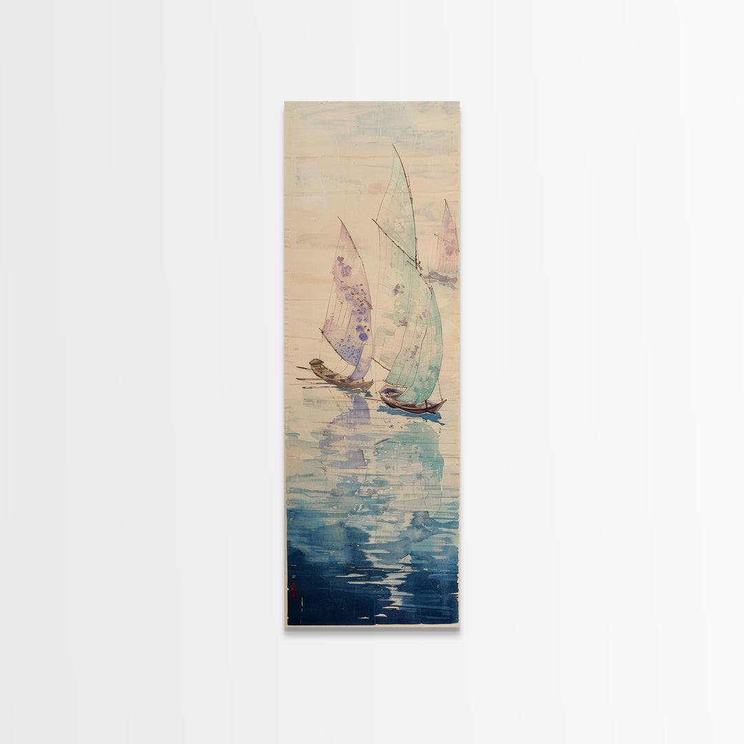 Sailboats On Calm Sea Canvas In Japanese Ukiyo-e Style, Traditional Woodblock Print, Framed Canvas Print, Tall Skinny Japanese Wall Art, Ready To Hang